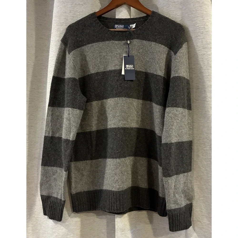 Polo Ralph Lauren Men's SZ Large Elbow-Patch Gray‎ Stripe Wool Cashmere Sweater